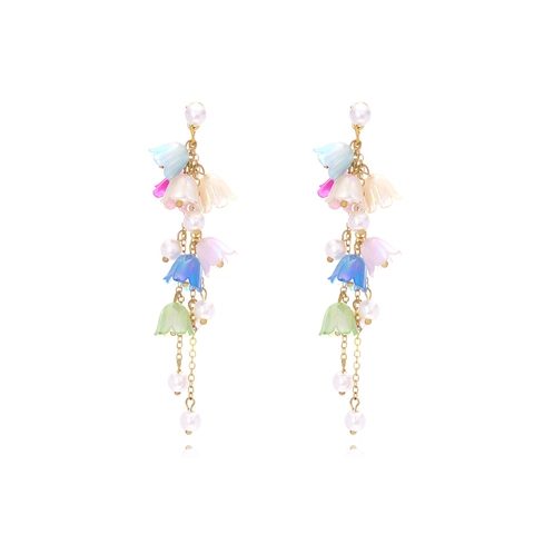 Lily Of The Valley Long Tassel Drop Earrings Resin Flower Faux Artificial Pearl Alloy Jewelry Multicolored Fairy Romantic For Women