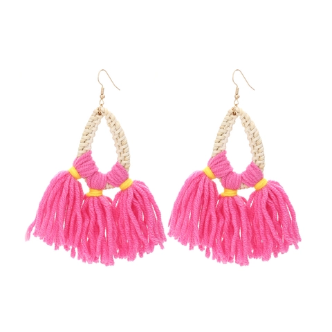 Bohemian Hand Woven Rattan Tassel Drop Earrings For Women Ethnic Style Summer Beach Vacation Jewelry Accessory