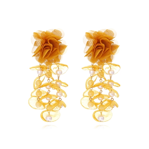 Fabric Flower Tassel Drop Earrings With Imitation Artificial Pearl Long Mesh Petal Handmade Bohemian Jewelry Women Elegant