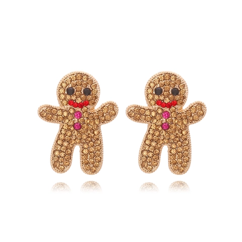 Gingerbread Man Stud Earrings Alloy With Champagne Rhinestones Christmas Festive Holiday Jewelry For Women