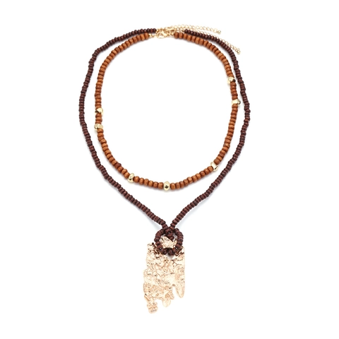 Double Layer Wood Bead Necklace Irregular Zinc Alloy Pendant Lava Texture Retro Bohemian Vacation Jewelry Women