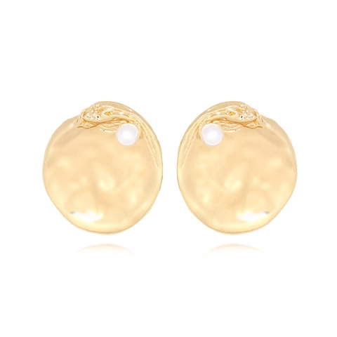 Pendientes De Botón De Aleación De Zinc Martillado Redondo Irregular Con Perla Artificial De Imitación Chapado En Oro Para Mujeres