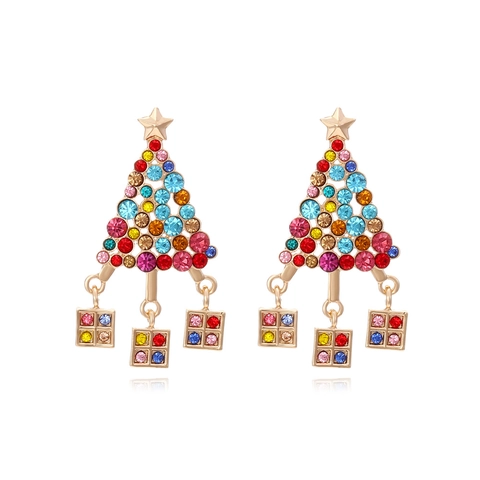 Pendientes Colgantes De Árbol De Navidad Aleación De Zinc Diamantes De Imitación Coloridos Joyería De Moda Estrella Caja Regalo