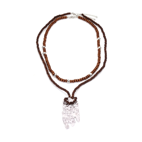 Double Layer Wood Bead Necklace Irregular Zinc Alloy Pendant Lava Texture Retro Bohemian Vacation Jewelry Women
