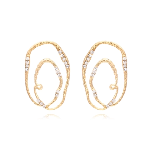 Retro Irregular Twisted Double Circle Drop Earrings Zinc Alloy Rhinestone Inlaid Geometric Fashion For Women