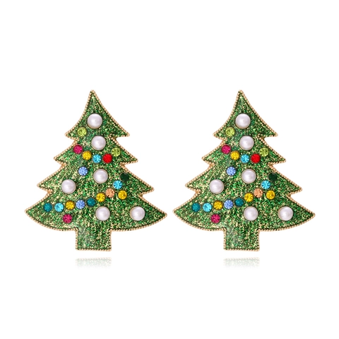 Orecchini Albero Di Natale Lega Strass Colorati Künstliche Perle Sintetiche Smalto Verde Glitter Gioielli Festivi Per Donne