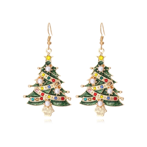 Christmas Tree Dangle Earrings Alloy Green Enamel Glitter Multi Color Rhinestone Faux Artificial Pearl Star Festive Party Jewelry Women