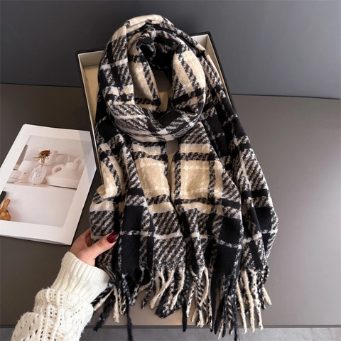 Sciarpa A Quadri Donna Inverno Spessa Calda Scialle Imitazione Cashmere Morbida Nappe Versatile Moda Avvolgente
