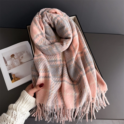 Sciarpa A Quadri Donna Inverno Spessa Calda Scialle Imitazione Cashmere Morbida Nappe Versatile Moda Avvolgente