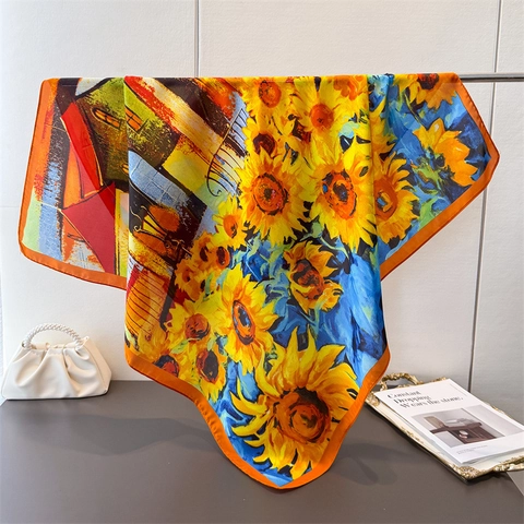Large Square Scarf Faux Satin Satin Sunflower Oil Painting Print Artistic Elegant Fashion Headscarf Shawl Hair Wrap For Women