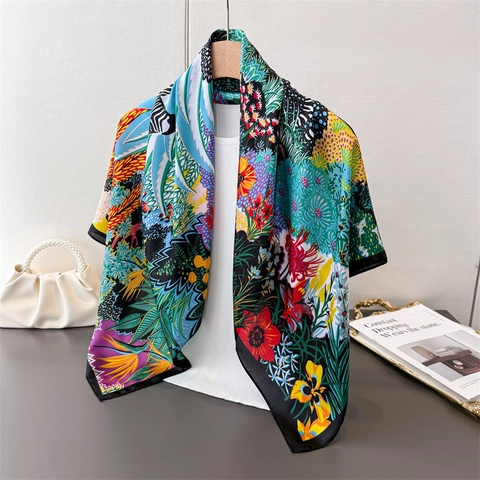 Sciarpa Quadrata Grande Con Stampa Floreale Tropicale Zebra Satine Tipo Raso Donna Elegante Retro Foulard Collo