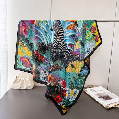 Sciarpa Quadrata Grande Con Stampa Floreale Tropicale Zebra Satine Tipo Raso Donna Elegante Retro Foulard Collo