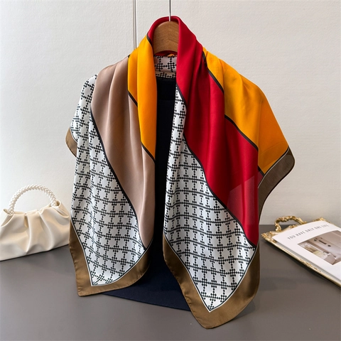 Satin Imitation Satin Square Scarf Women Geometric Pattern Color Block Retro Neck Head Wrap Elegant Fashion Kerchief Accessories