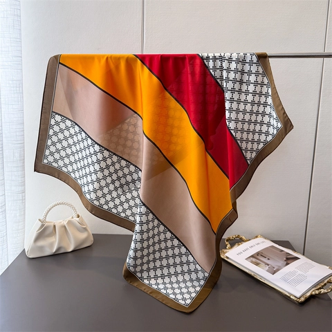 Satin Imitation Satin Square Scarf Women Geometric Pattern Color Block Retro Neck Head Wrap Elegant Fashion Kerchief Accessories