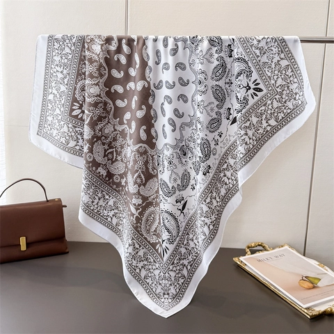 Paisley Print Satin Large Square Scarf For Women Vintage Color Block Pattern Headscarf Elegant Silky Neck Scarf Shawl Hair Accessory
