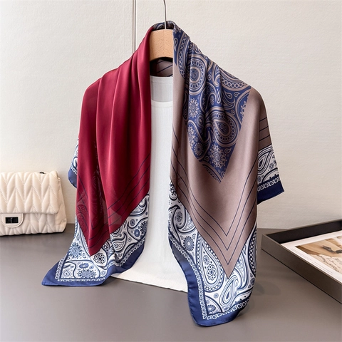 Foulard Carré Imprimé Paisley Sensation Satin Satin Polyester Bloc De Couleur Élégant Femmes
