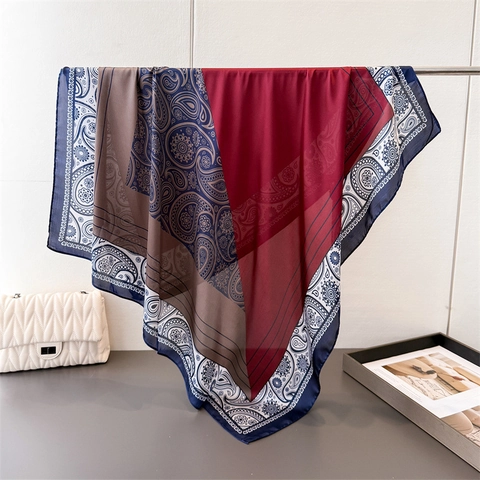 Foulard Carré Imprimé Paisley Sensation Satin Satin Polyester Bloc De Couleur Élégant Femmes