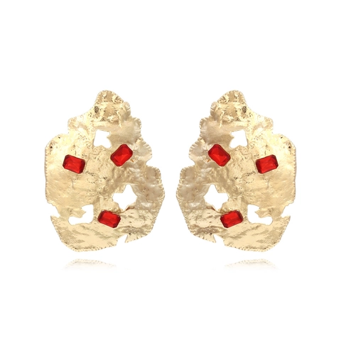 Orecchini In Lega Geometrici Irregolari Con Strass Rossi Stile Vintage Martellato Per Donna
