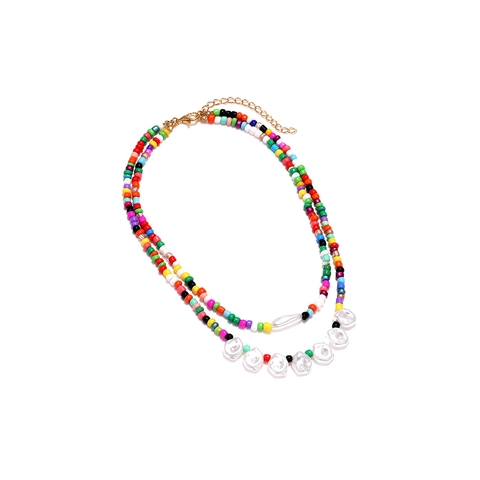Bohemian Double Layer Seed Bead Necklace With White Imitation Artificial Pearls Handmade Colorful Vacation Style Jewelry For Women