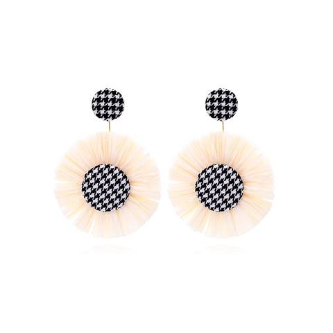 Bohemian Raffia Flower Earrings Large Round Woven Drop With Houndstooth Fabric Buttons Handmade Jewelry For Women