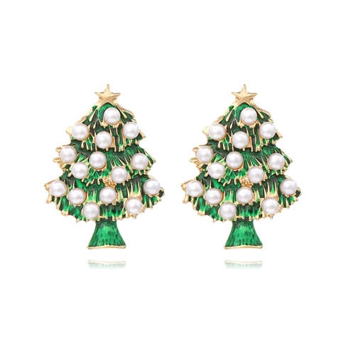 Orecchini Pendenti Albero Di Natale Lega Smalto Verde Imitazione Perla Artificial Stella Gioielli Da Festa Per Donne