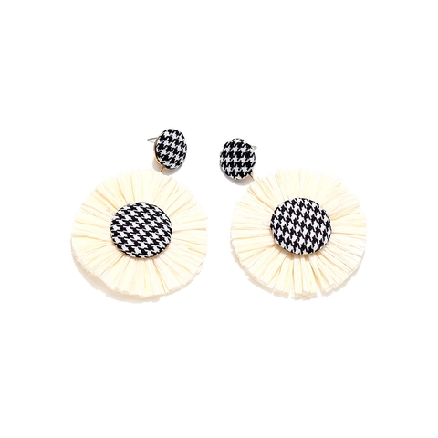 Bohemian Raffia Flower Earrings Large Round Woven Drop With Houndstooth Fabric Buttons Handmade Jewelry For Women