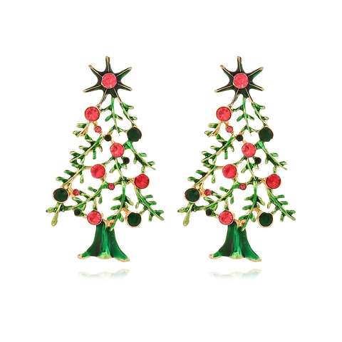 Christmas Tree Dangle Earrings Alloy Enamel Colorful Rhinestone Star Holiday Festive Jewelry Women