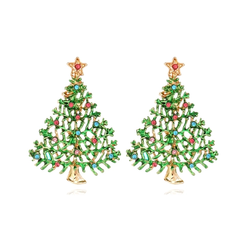 Pendientes De Árbol De Navidad Aleación Esmalte Verde Diamantes De Imitación Coloridos Joyería Mujer Fiesta Moda Novedad