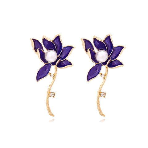 Pendientes Colgantes De Flor De Loto Estilo Chino Vintage Aleación Esmalte Azul Con Perla Artificial De Imitación Y Pedrería