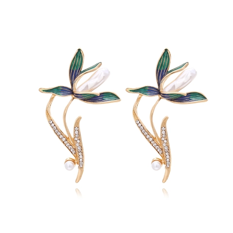 Boucles D'oreilles Pendantes Fleur D'orchidée Alliage Émail Faux Künstliche Perle Strass Style Chinois Vintage Élégant Bijoux Pour Femmes