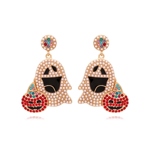 Pendientes De Halloween Fantasma Y Calabaza Para Mujer Aleación Diamantes De Imitación Perla Artificial Falsa Goteo De Aceite Joyería