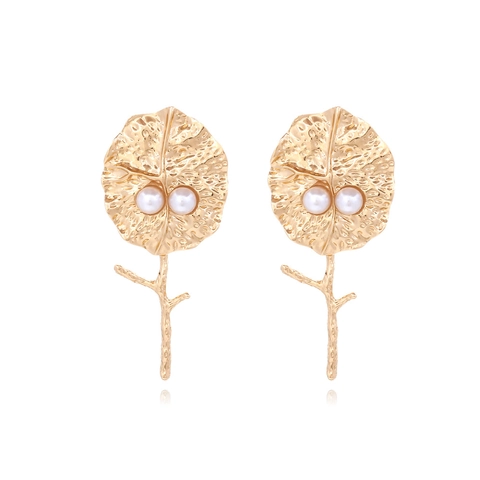 Orecchini A Foglia Gualcita In Lega Dorata Con Imitazione Perla Artificial Bianca Design A Ramo Gioielli Eleganti Per Donna
