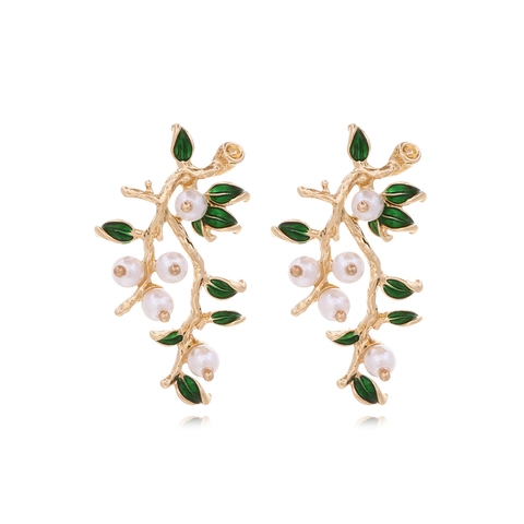 Pendientes De Rama Hoja Vintage Aleación De Oro Con Esmalte Verde E Imitación De Perla Artificial Estilo Naturaleza Retro Para Mujeres