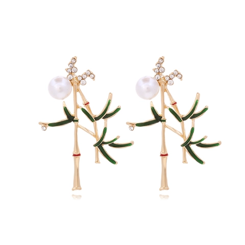 Chinese Style Bamboo Leaf Earrings With Alloy Enamel Rhinestone And Faux Artificial Pearl Vintage Elegant Jewelry For Women