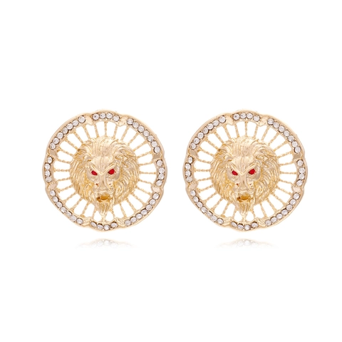 Retro Löwenkopf Ohrringe Legierung Strass Rotes Auge Relief Hohl Rund Luxus Mode Tier Schmuck Für Frauen Mädchen