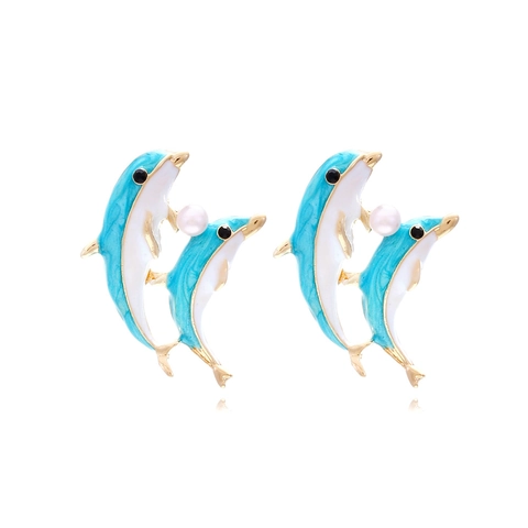 Delfin Ohrstecker Legierung Emaille Blau Weiß Meerestier Mit Imitationsperle Süßer Modeschmuck Für Damen