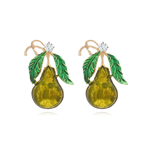 Pear Fruit Stud Earrings Zinc Alloy Enamel Drip Oil With Rhinestone Fresh Pastoral Style For Women Fashion Jewelry