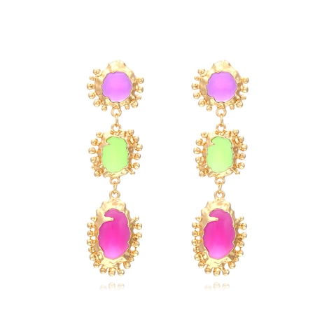 Retro Geometric Zinc Alloy Drop Earrings Three Tiered Colored Resin Imitation Gemstones Long Bohemian Floral Style Women