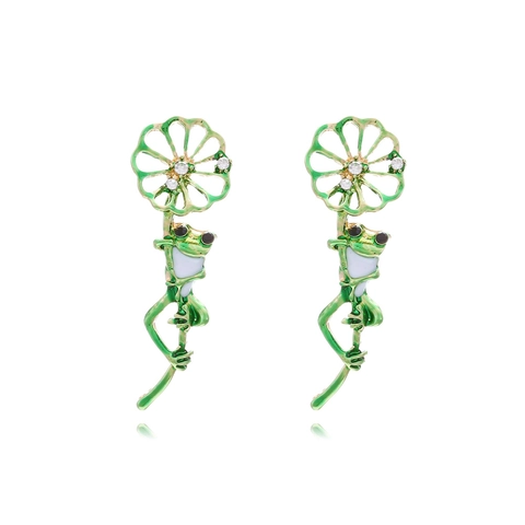 Frog Lotus Flower Dangle Earrings Green Enamel Alloy Rhinestone Cute Animal Jewelry For Women Fashion Accessory