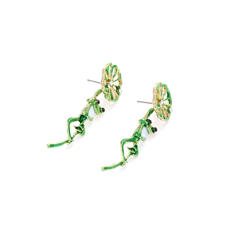 Frog Lotus Flower Dangle Earrings Green Enamel Alloy Rhinestone Cute Animal Jewelry For Women Fashion Accessory