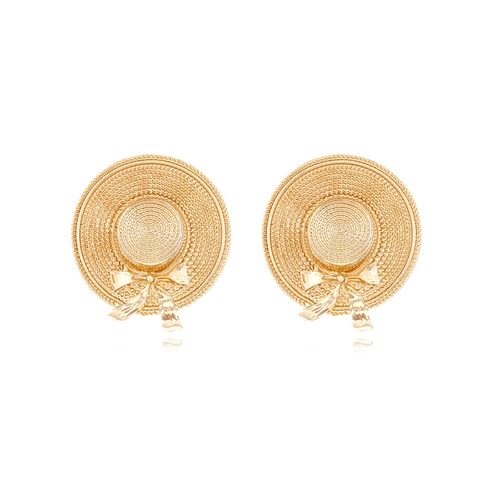 Vintage Golden Alloy Straw Hat Stud Earrings With Stainless Steel Earring Post Cute Bowknot Woven Design Women Summer