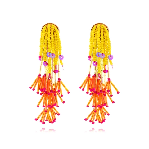Pendientes De Borla De Cuentas Hechos A Mano Bohemios Para Mujer Estilo Étnico Largo Colorido Aleación Con Cuentas De Vidrio Y Lentejuelas