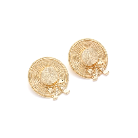 Vintage Golden Alloy Straw Hat Stud Earrings With Stainless Steel Earring Post Cute Bowknot Woven Design Women Summer