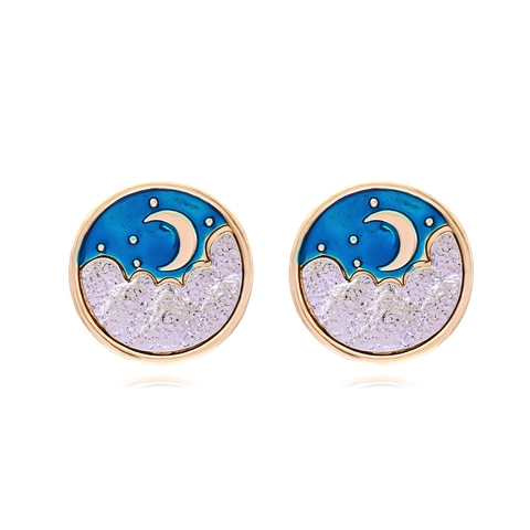 Enamel Starry Sky Round Stud Earrings With Stainless Steel Earring Post Moon Star Pattern Retro Fashion Jewelry For Women