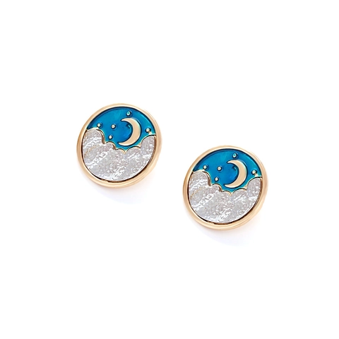 Enamel Starry Sky Round Stud Earrings With Stainless Steel Earring Post Moon Star Pattern Retro Fashion Jewelry For Women