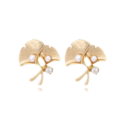 Pendientes De Botón Hoja De Ginkgo Aleación Cepillada Tono Dorado Con Imitación Perla Artificial Y Diamante De Imitación Retro Elegante Para Mujer