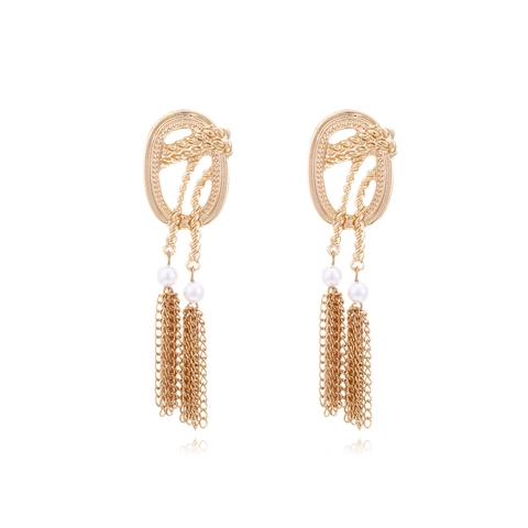 Long Chain Tassel Earrings With Faux Artificial Pearl Zinc Alloy Retro Elegant Gold Tone Drop Ear Pendants For Women Fashion