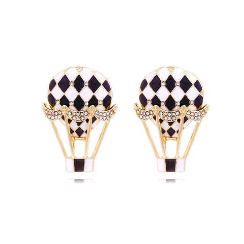 Hot Air Balloon Stud Earrings Zinc Alloy Enamel Rhinestone Black White Checkerboard Plaid Vintage Elegant For Women