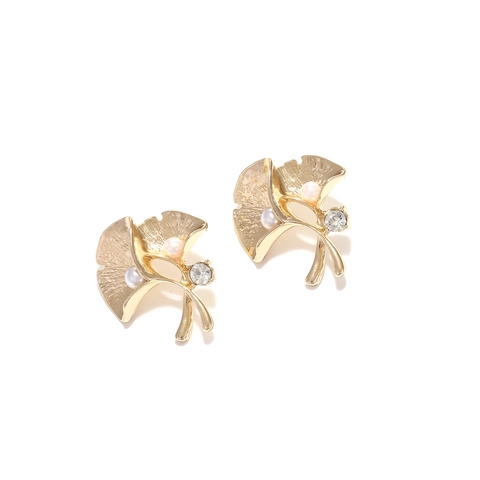 Pendientes De Botón Hoja De Ginkgo Aleación Cepillada Tono Dorado Con Imitación Perla Artificial Y Diamante De Imitación Retro Elegante Para Mujer