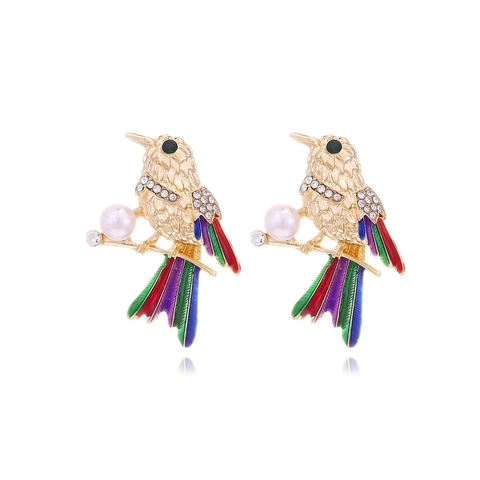 Kolibrie Vogel Oorringen Legering Kleurrijke Emaille Strass Kunstparel Vintage Stijl Mode Sieraden Dames